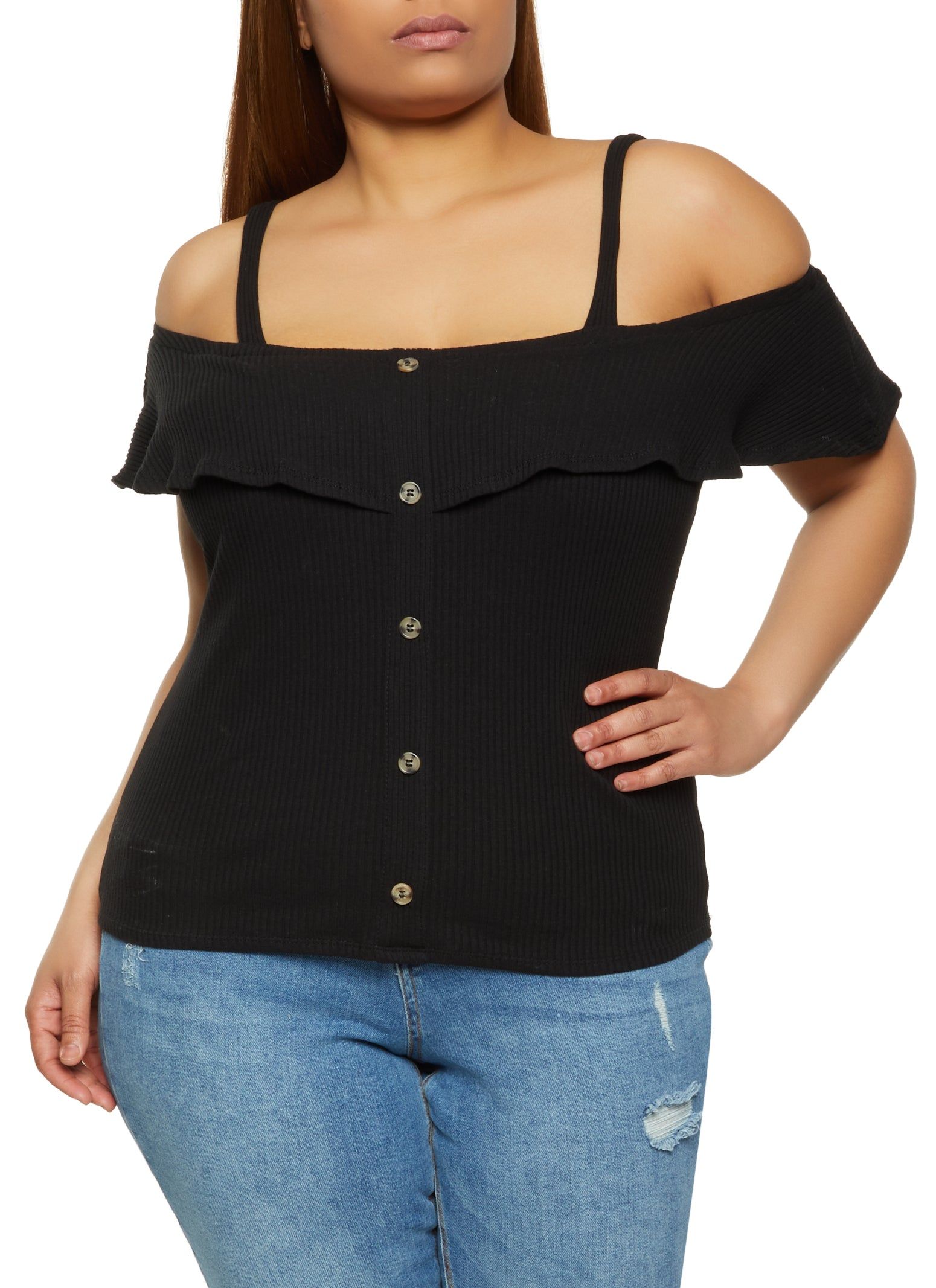 Plus Size Rib Knit Cold Shoulder Top sold by Rainbow