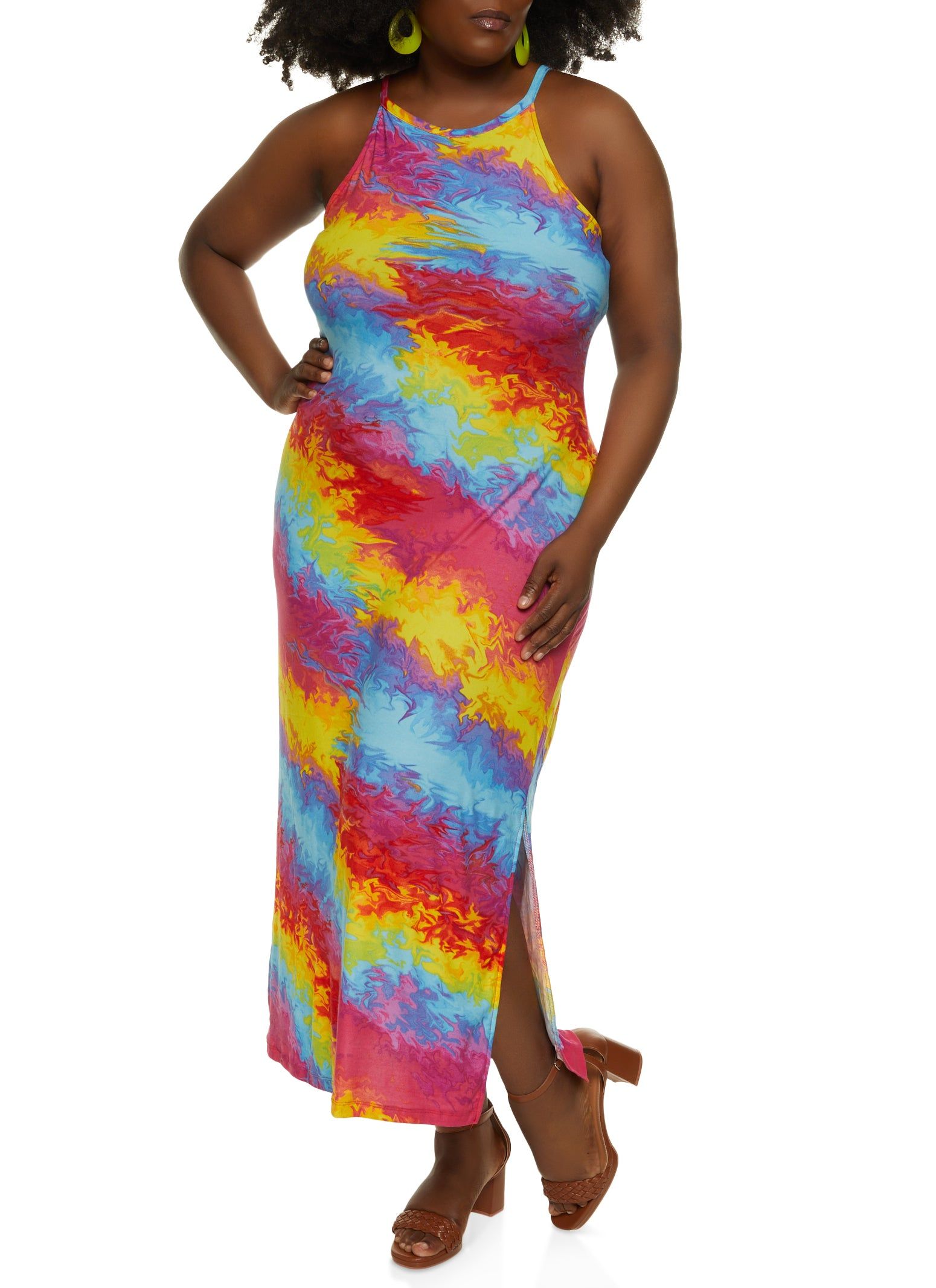 Plus Size Psychedelic Print High Neck Dress sold by Rainbow