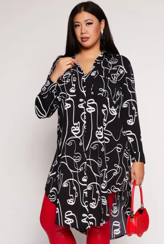Plus Size Face Print Button Front Tunic Shirt sold by Rainbow