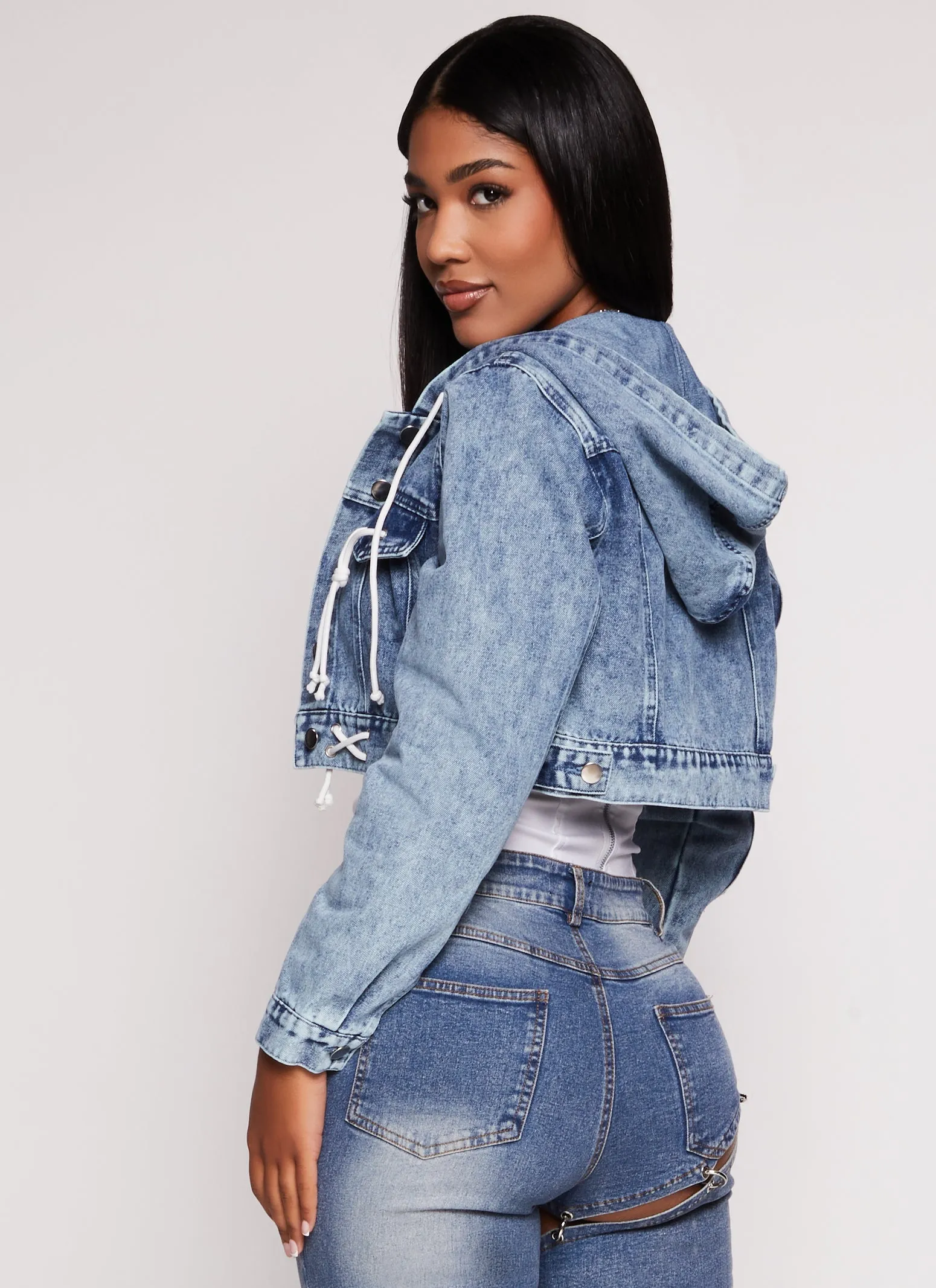 Lace Up Hooded Cropped Jean Jacket sold by Rainbow product image thumbnail 3