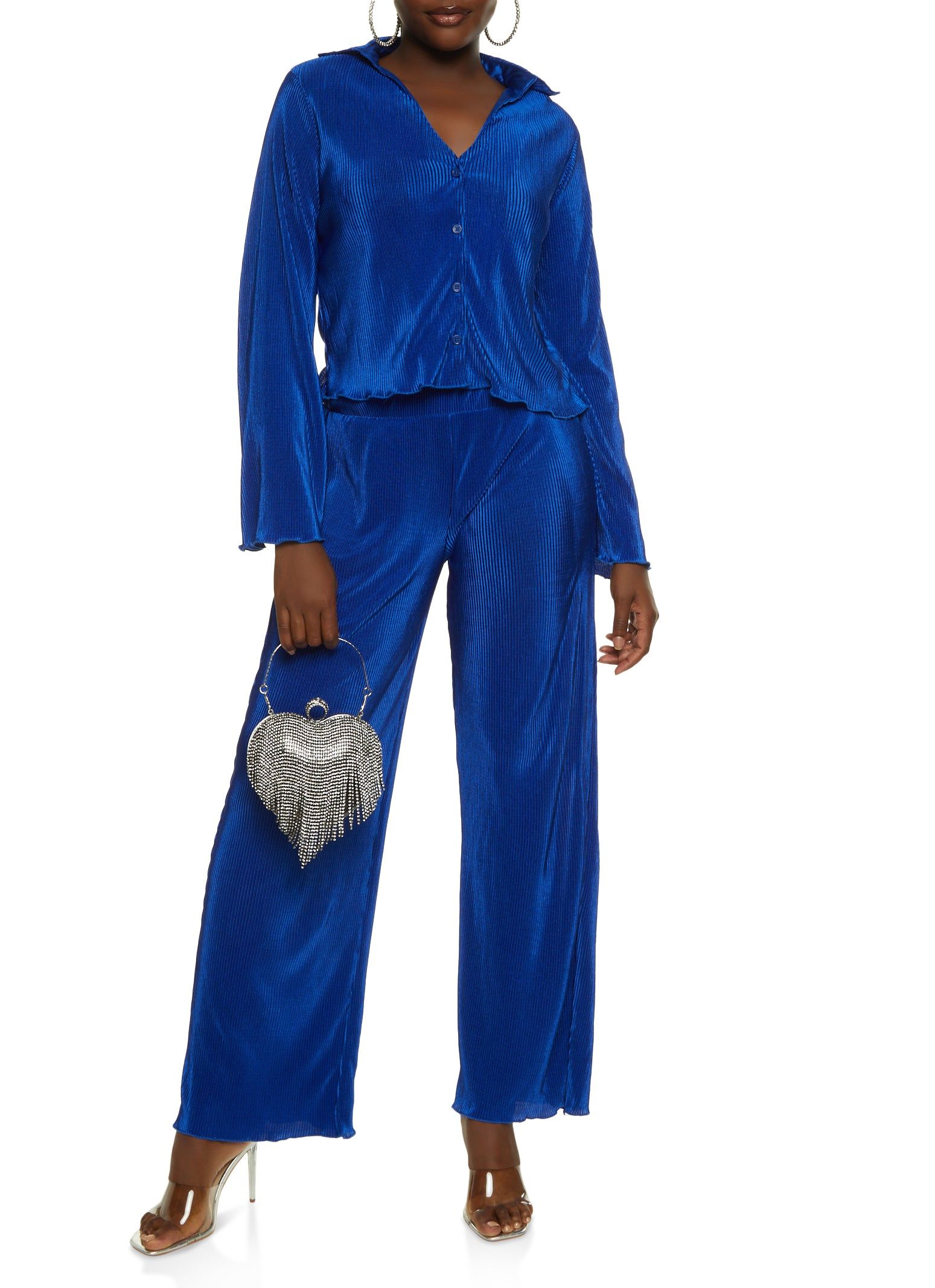 Plisse Button Front Shirt and Wide Leg Pant Set sold by Rainbow