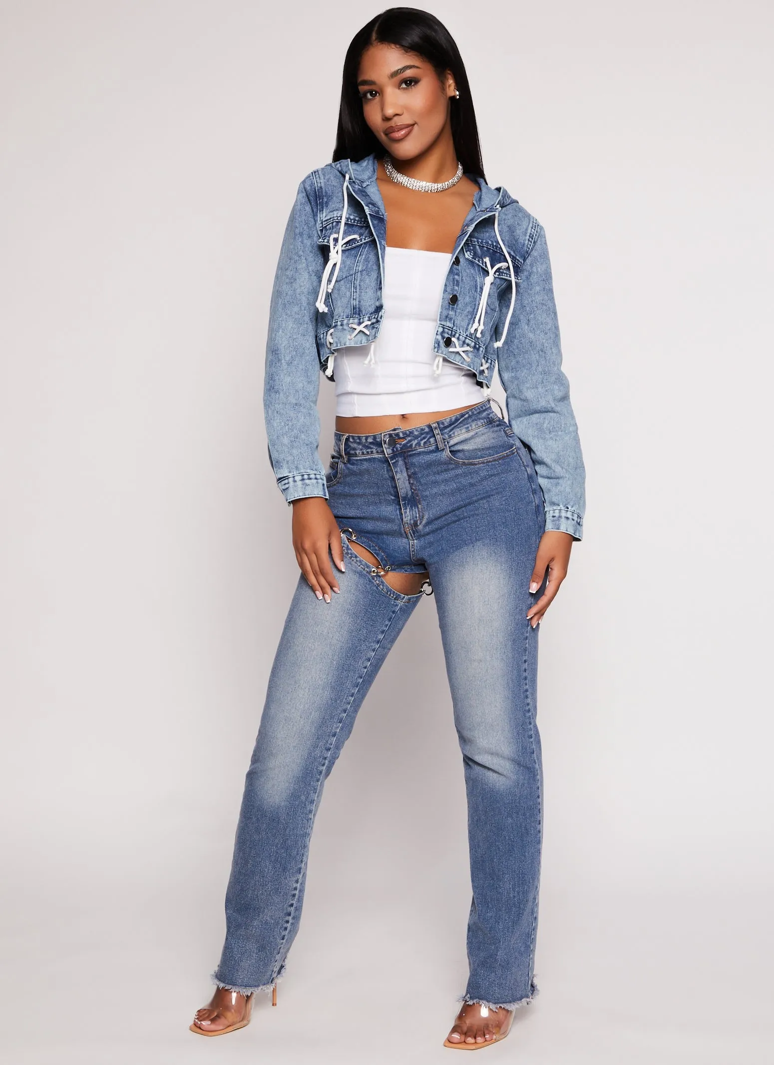 Lace Up Hooded Cropped Jean Jacket sold by Rainbow product image thumbnail 2