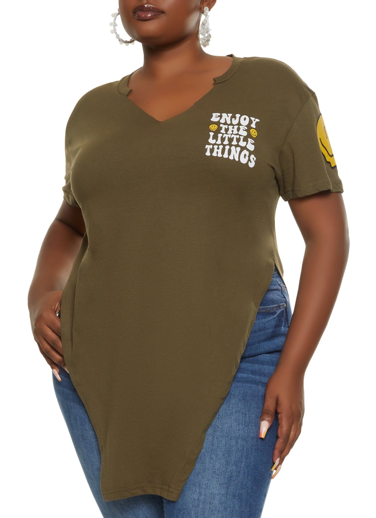 Plus Size Enjoy The Little Things Hanky Hem Graphic Tee sold by Rainbow