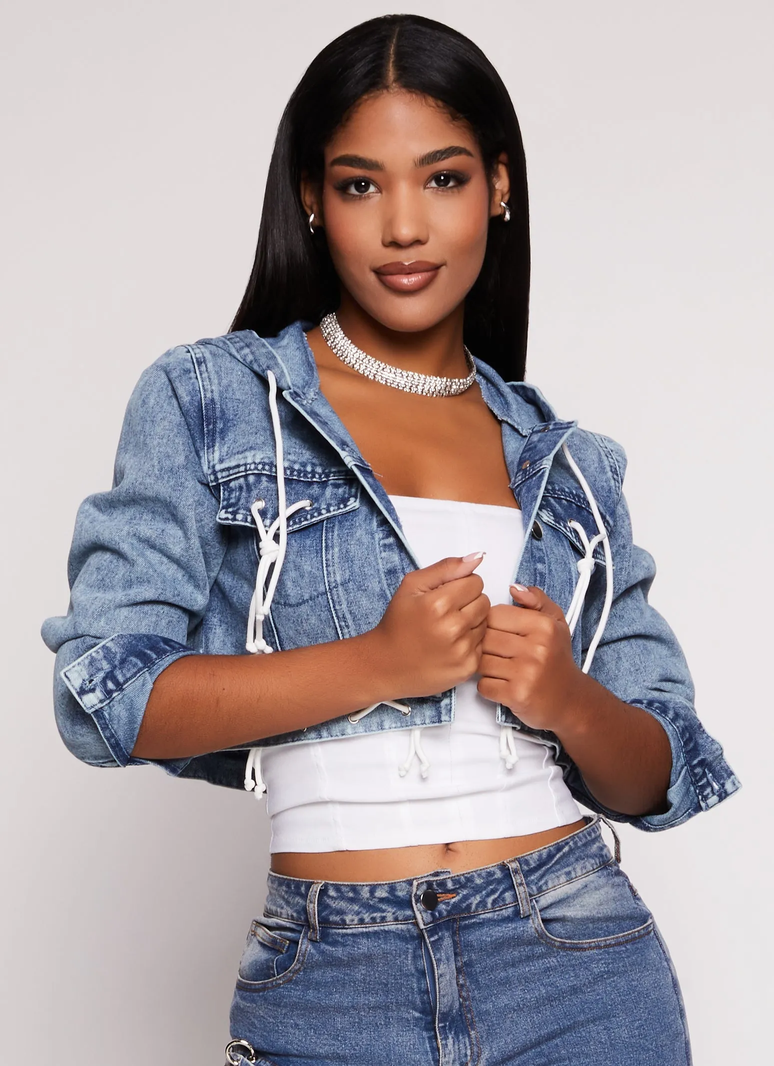 Lace Up Hooded Cropped Jean Jacket sold by Rainbow