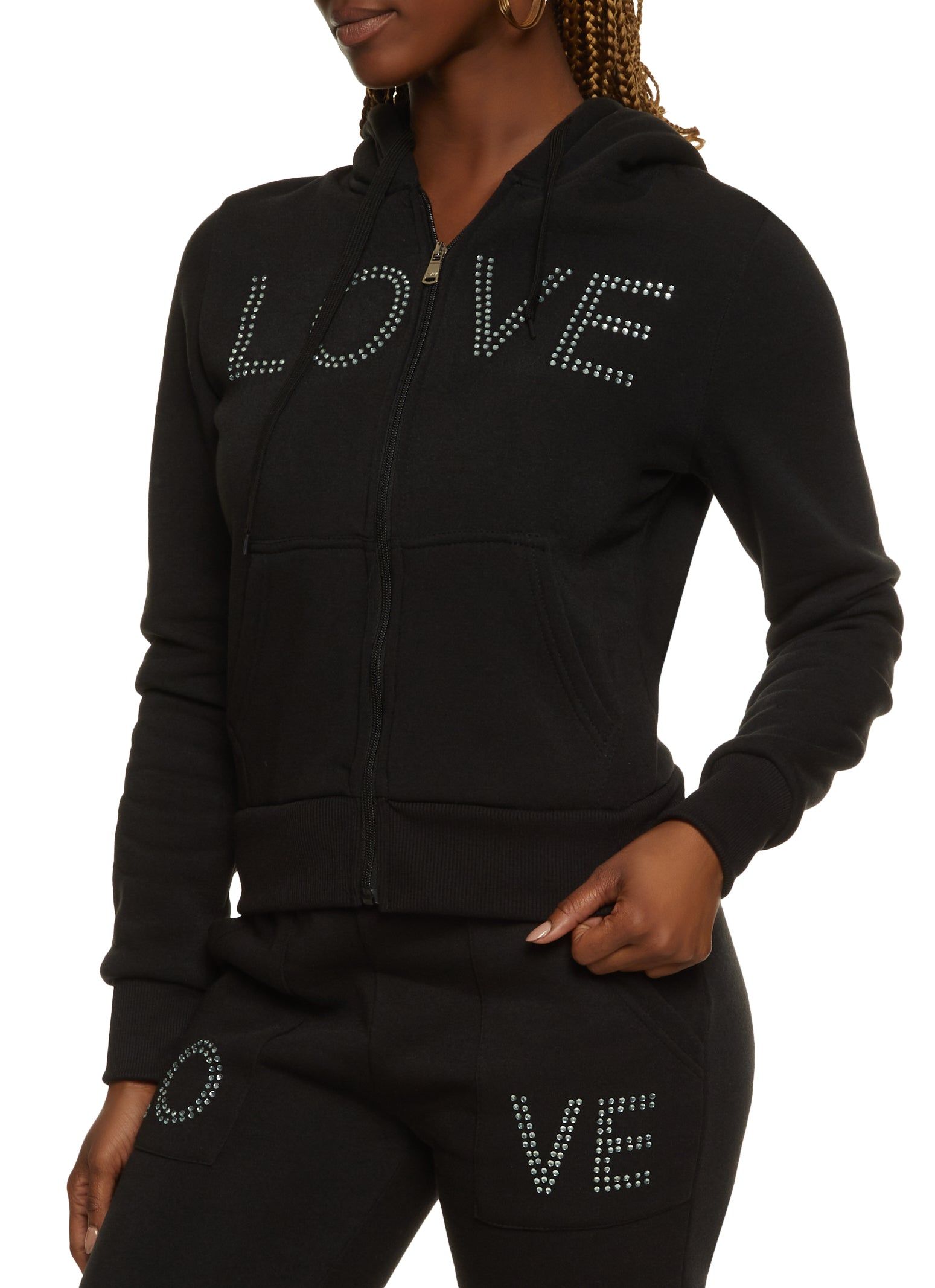 Love Rhinestone Faux Fur Lined Graphic Hoodie sold by Rainbow