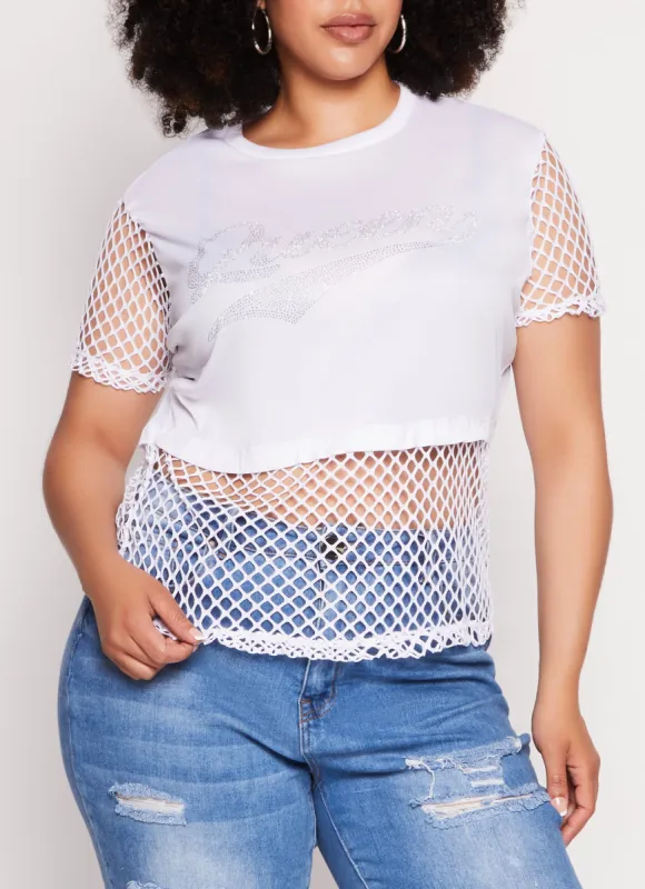 Plus Size Fishnet Queen Rhinestone Graphic Tee sold by Rainbow