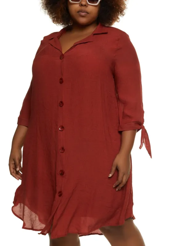 Plus Size Quarter Tie Sleeve Midi Shirt Dress sold by Rainbow