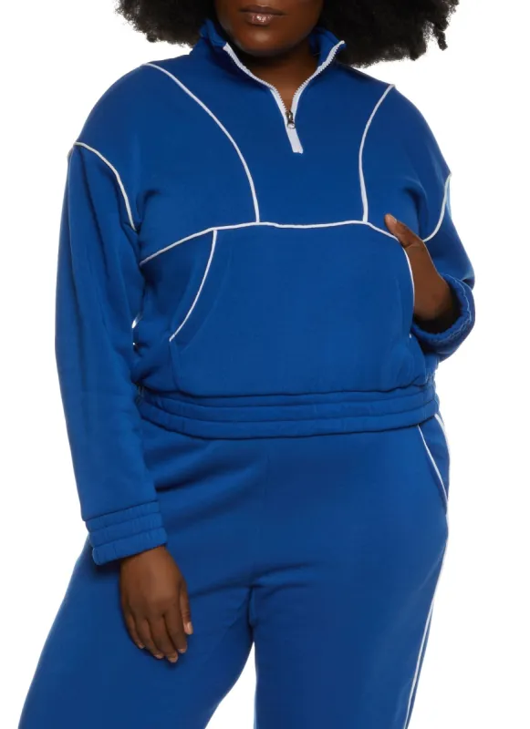 Plus Size Zip Neck Contrast Piping Track Jacket sold by Rainbow