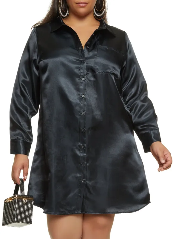 Plus Size Satin Button Front Shirt Dress sold by Rainbow