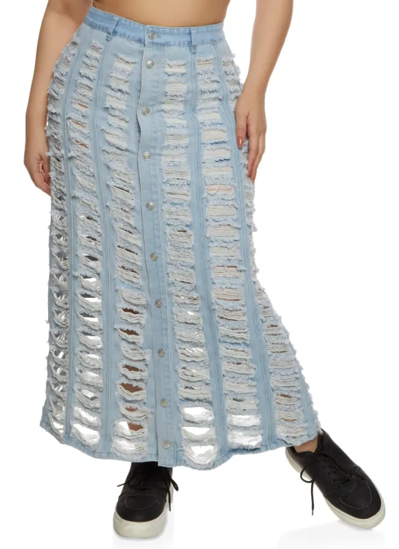 Plus Size Distressed Denim Maxi Skirt sold by Rainbow