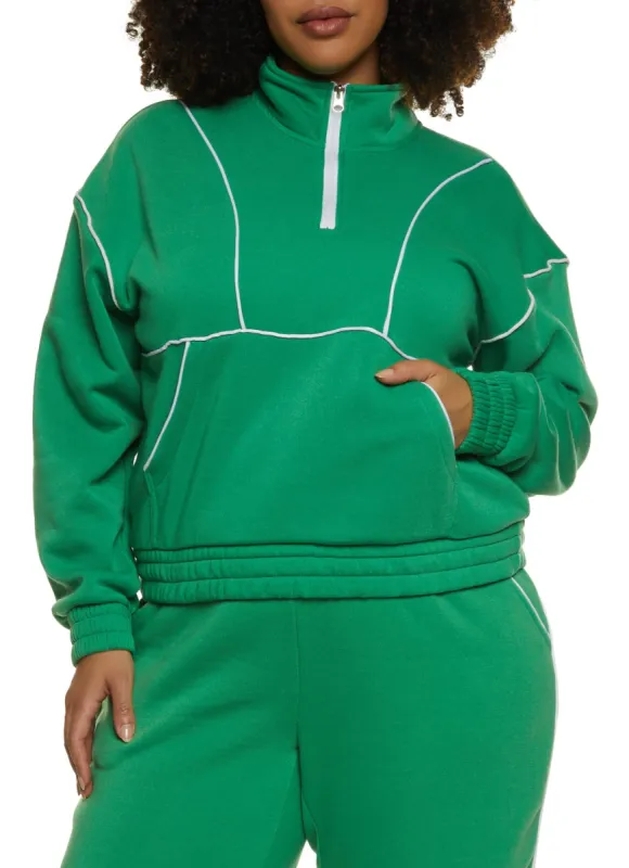 Plus Size Zip Neck Contrast Piping Track Jacket sold by Rainbow