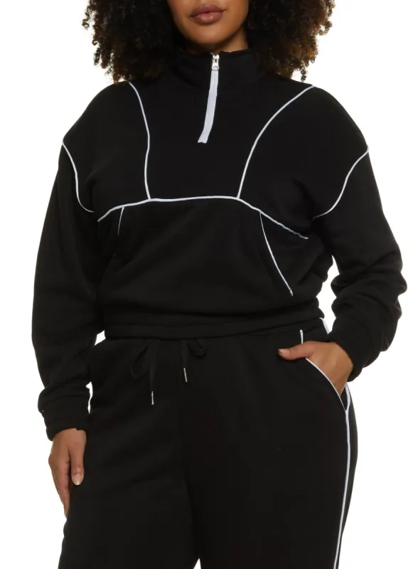 Plus Size Zip Neck Contrast Piping Track Jacket sold by Rainbow