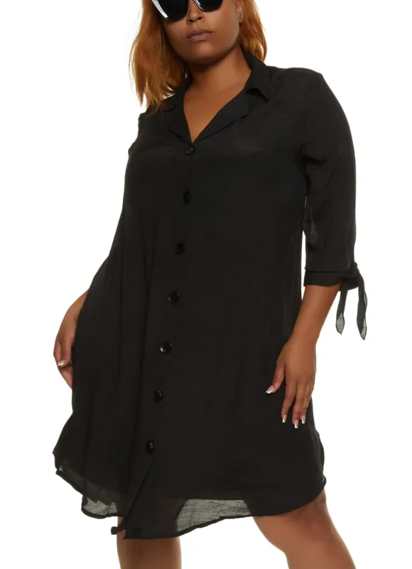Plus Size Quarter Tie Sleeve Midi Shirt Dress sold by Rainbow