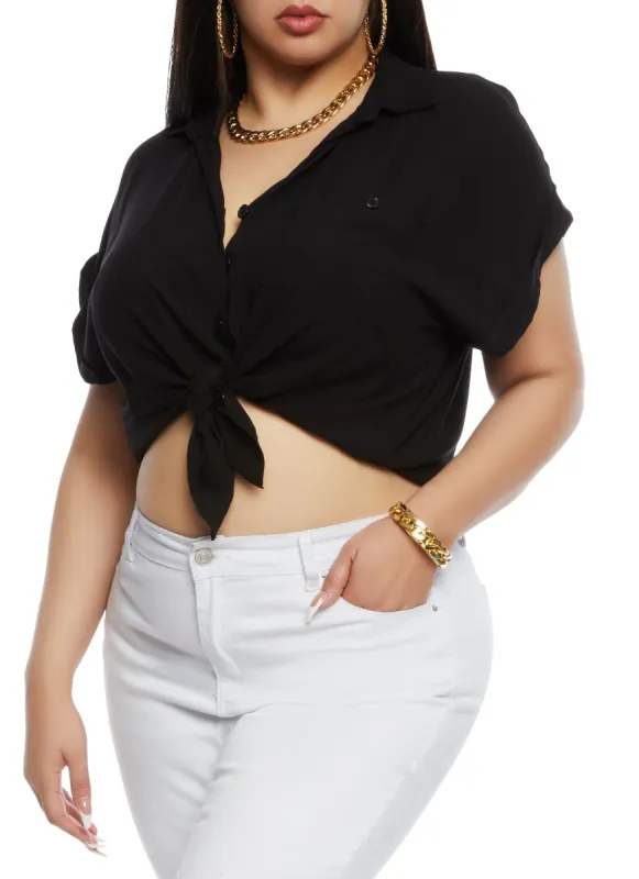 Plus Size Button Front Cuffed Sleeve Shirt sold by Rainbow