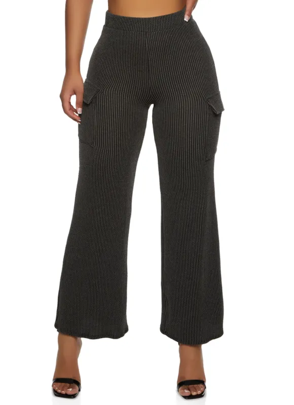 Ribbed High Waist Cargo Pocket Wide Leg Pants sold by Rainbow