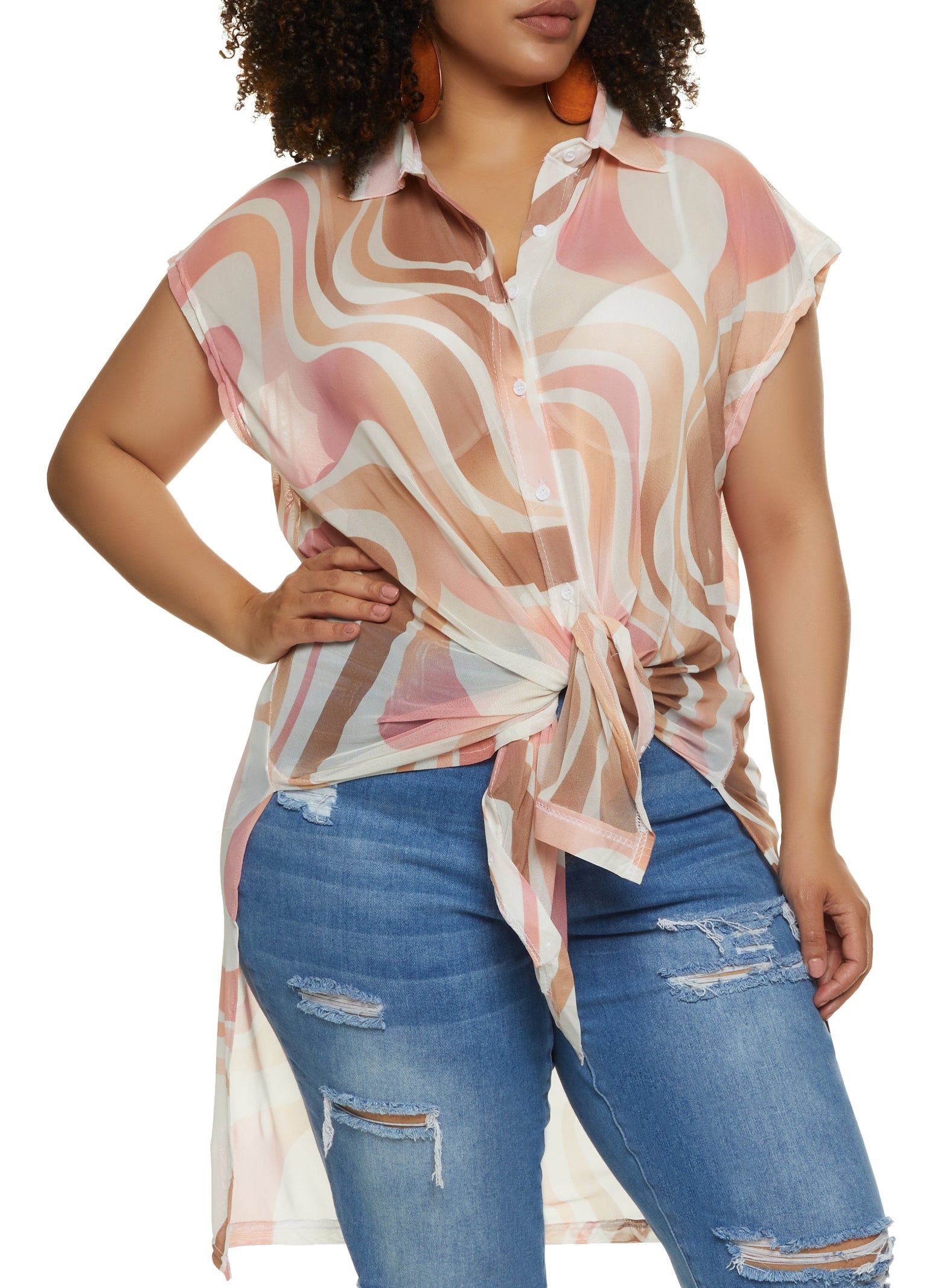 Plus Size Psychedelic Print High Low Tie Front Shirt sold by Rainbow