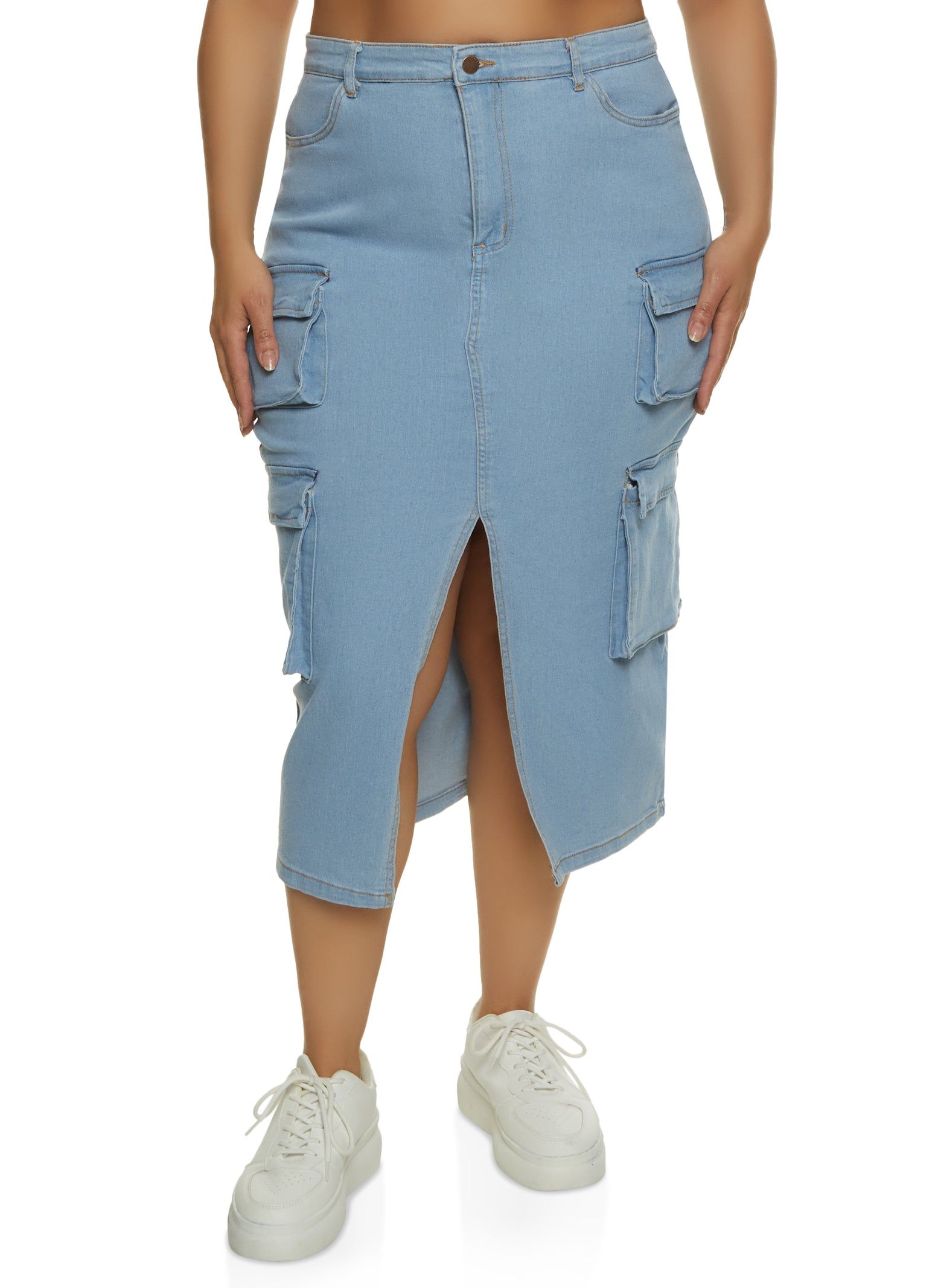 Plus Size Slit Front Cargo Pocket Denim Skirt sold by Rainbow