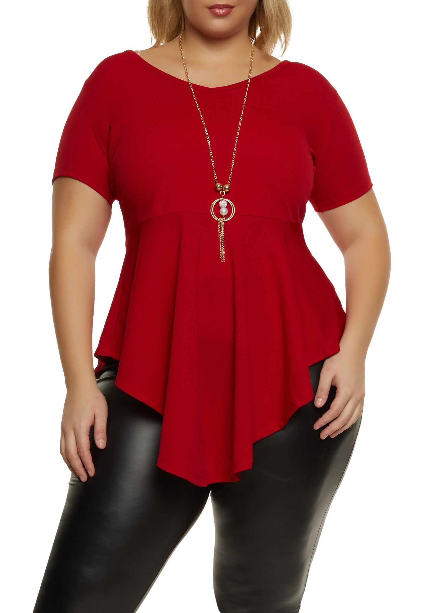 Plus Size Solid Peplum Top with Necklace sold by Rainbow