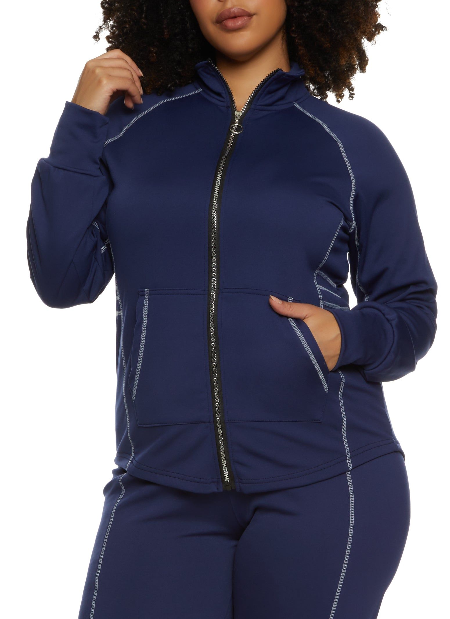 Plus Size Fleece Contrast Stitch Zip Front Track Jacket sold by Rainbow