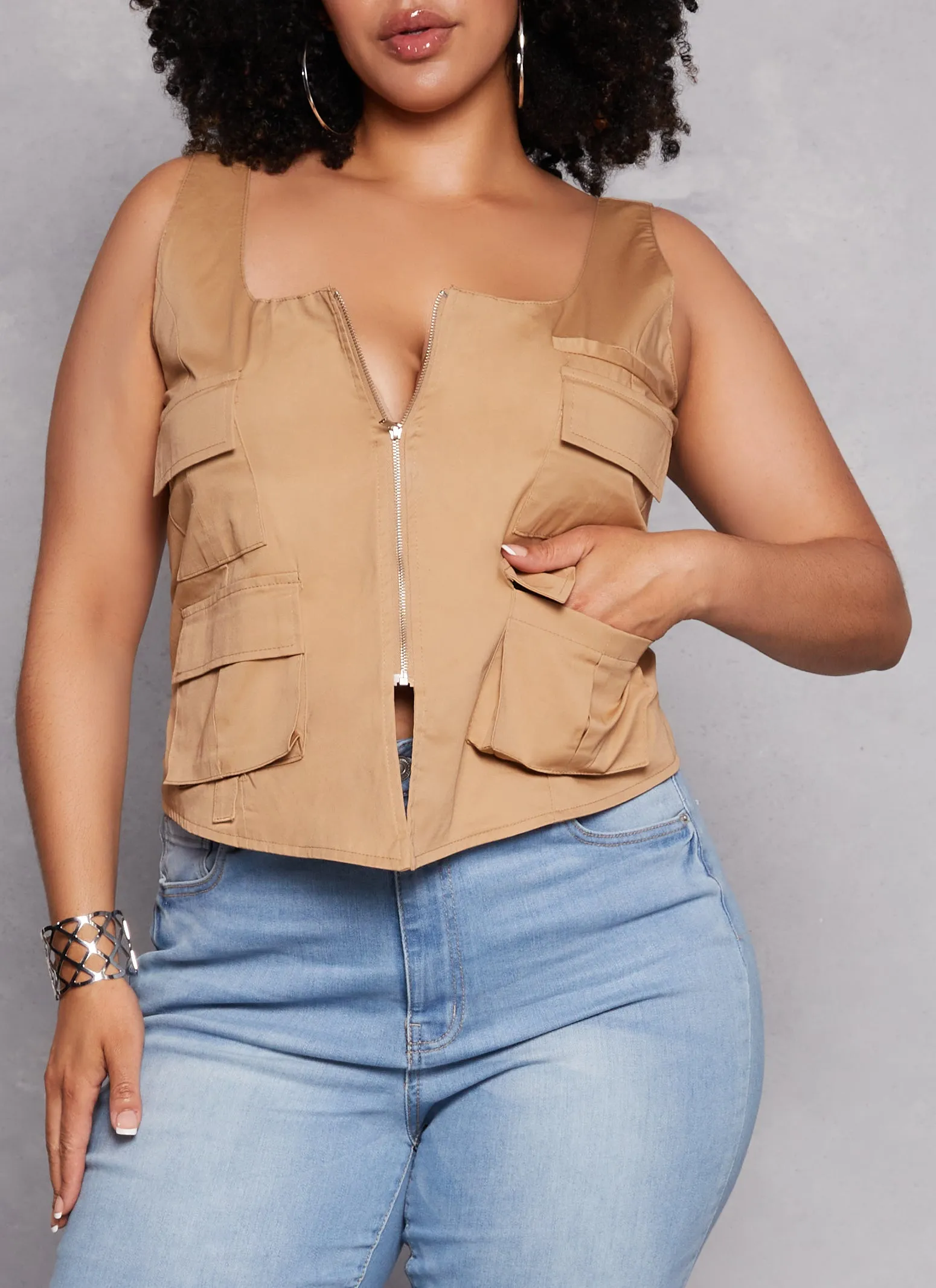 Plus Size Cargo Pocket Zip Front Cropped Tank Top sold by Rainbow