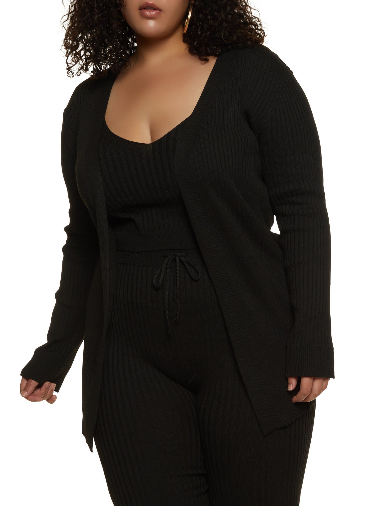 Plus Size Ribbed Open Front Long Sleeve Cardigan sold by Rainbow