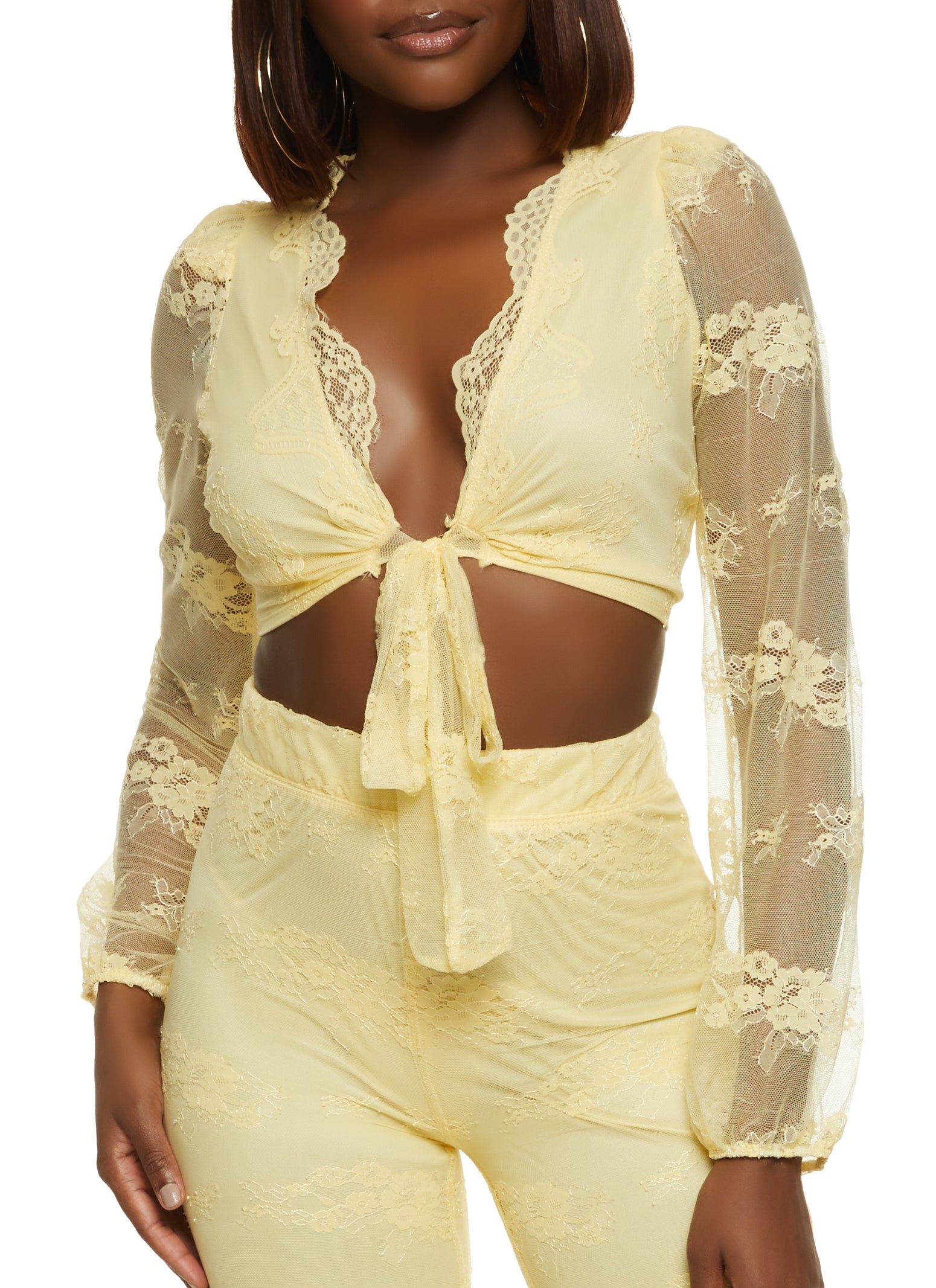 Floral Lace Tie Front Crop Top sold by Rainbow