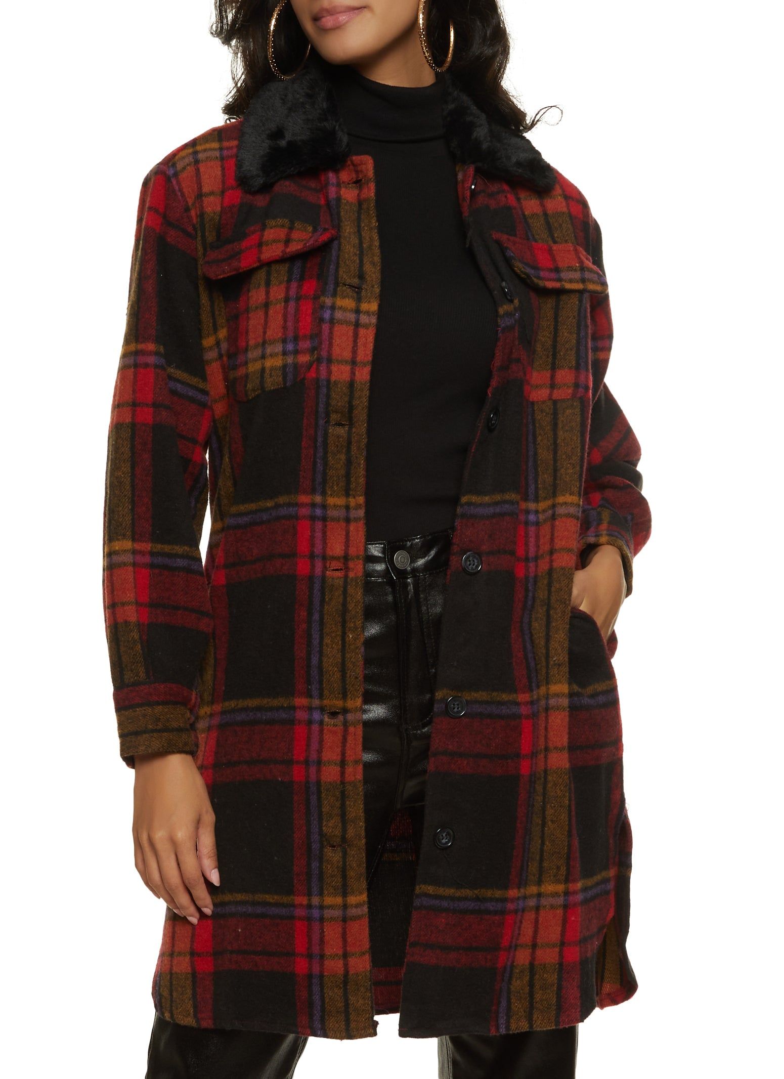 Faux Fur Collar Plaid Shacket sold by Rainbow