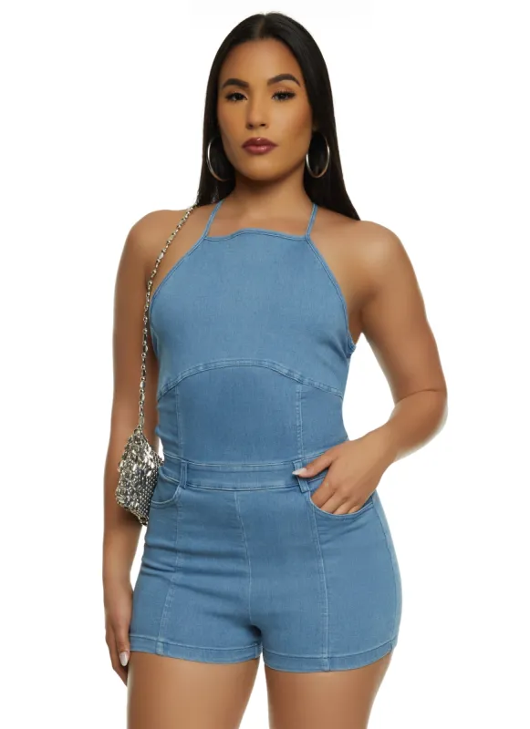 Sleeveless Halter Denim Romper sold by Rainbow
