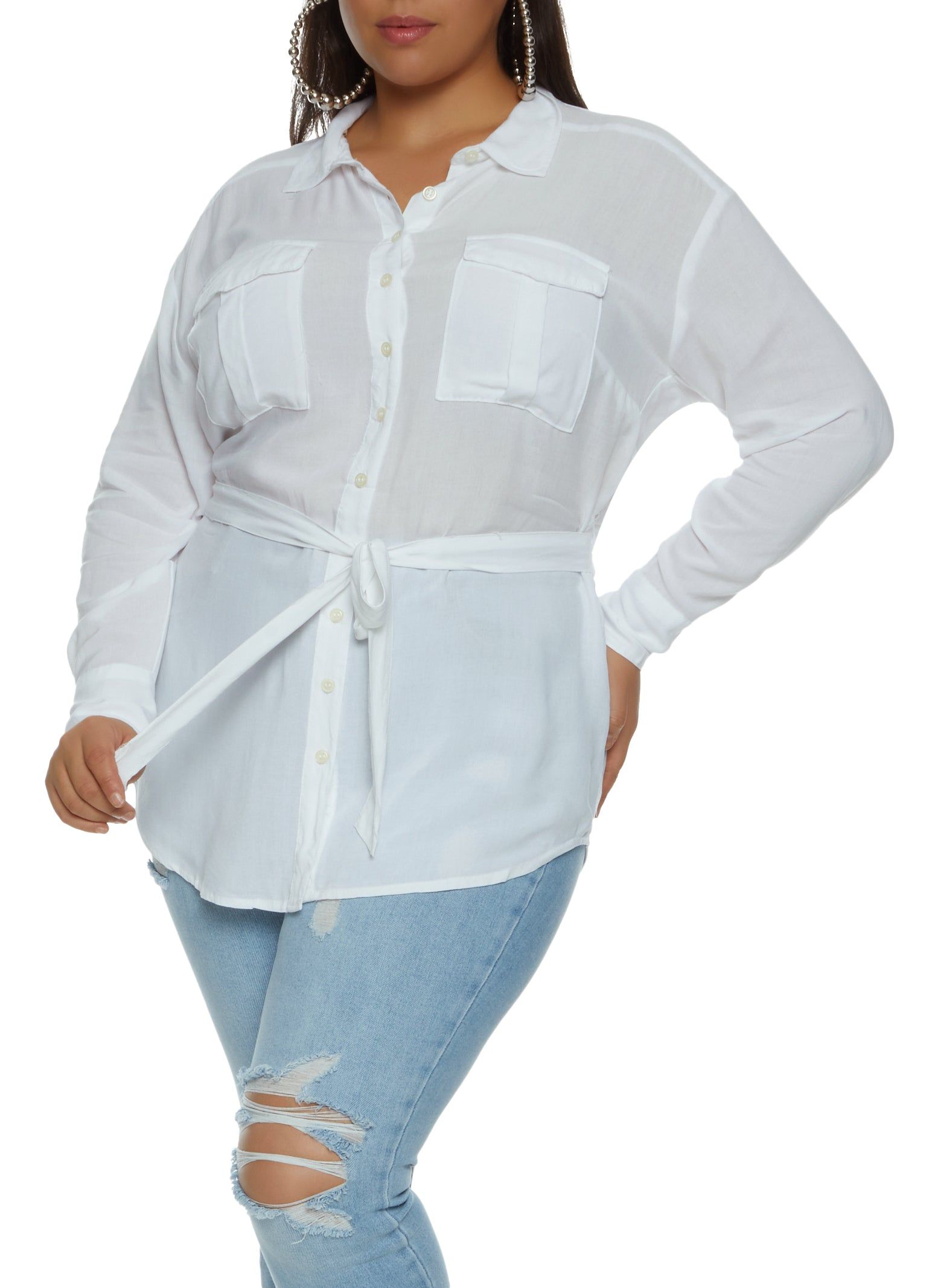 Plus Size Button Front Tie Waist Shirt sold by Rainbow