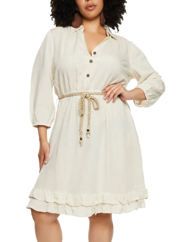 Plus Size Linen Rope Belt Shirt Dress sold by Rainbow