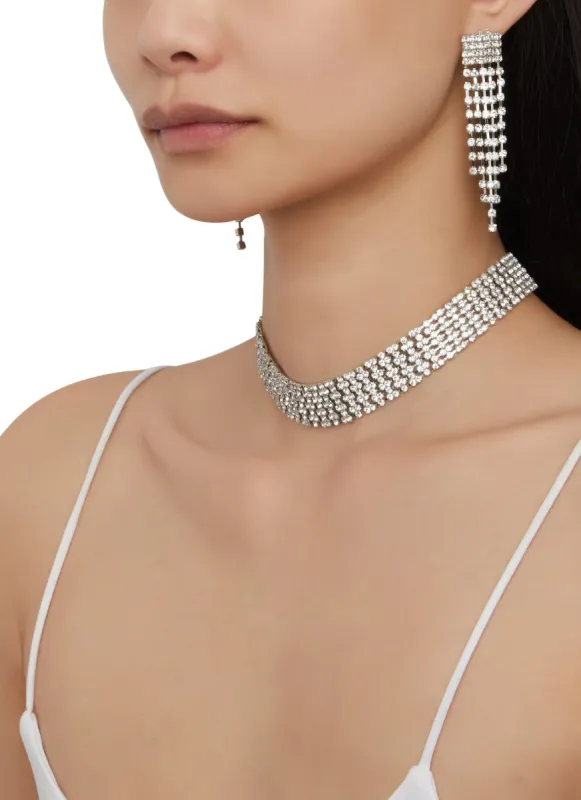 Rhinestone Choker Necklace and Fringe Tassel Earrings Set sold by Rainbow
