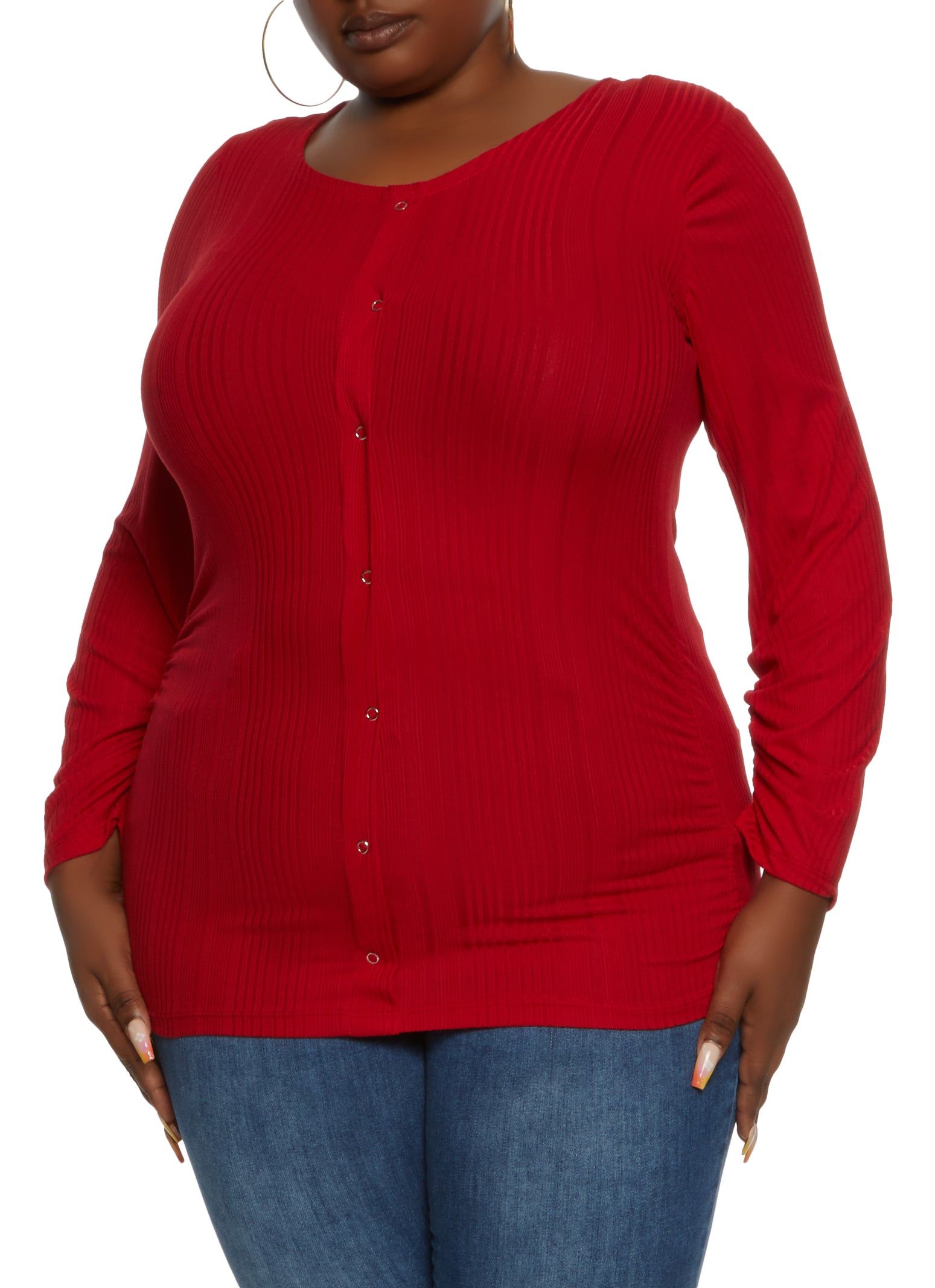 Plus Size Ribbed Snap Button Front Crew Neck Top sold by Rainbow