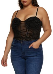Plus Size Velvet Burnout Patterned Mesh Bodysuit sold by Rainbow