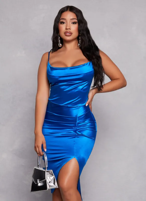 Satin Cowl Neck Side Slit Cami Dress sold by Rainbow
