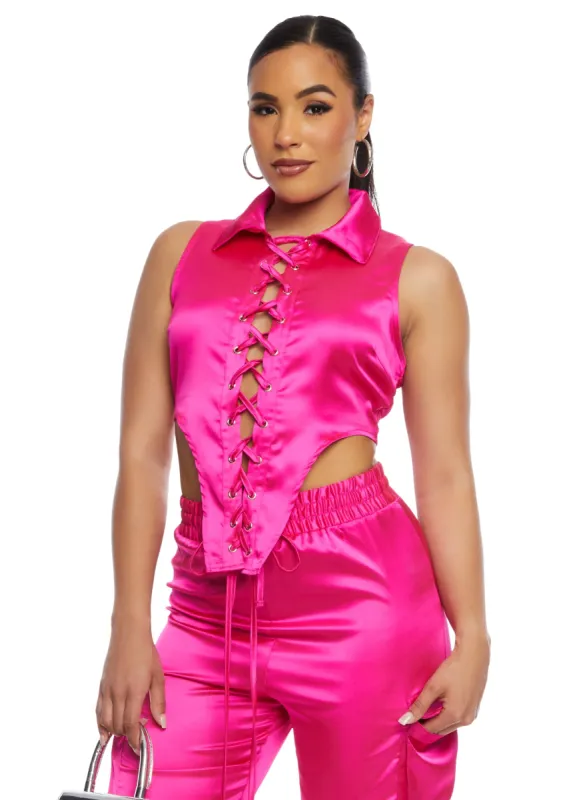 Satin Lace Up Collared Crop Top sold by Rainbow