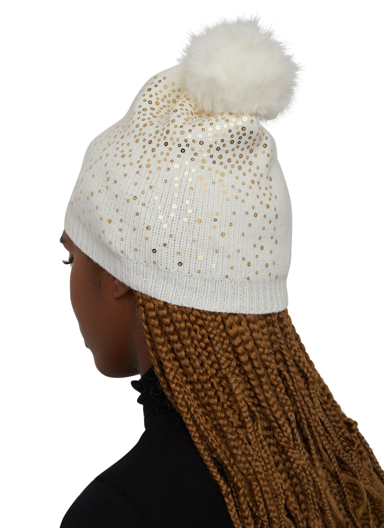 Sequin Faux Fur Pom Pom Beanie sold by Rainbow