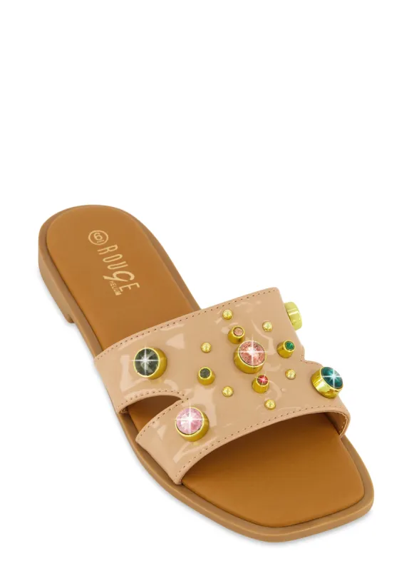 Studded Gem Cut Out Band Slide Sandals sold by Rainbow