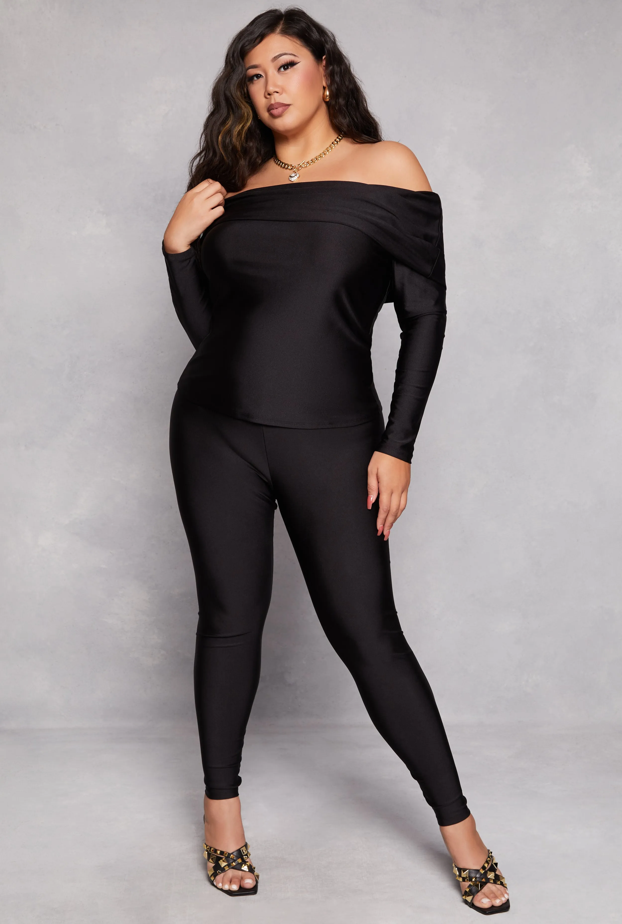 Plus Size Off the Shoulder Long Sleeve Top and Leggings sold by Rainbow