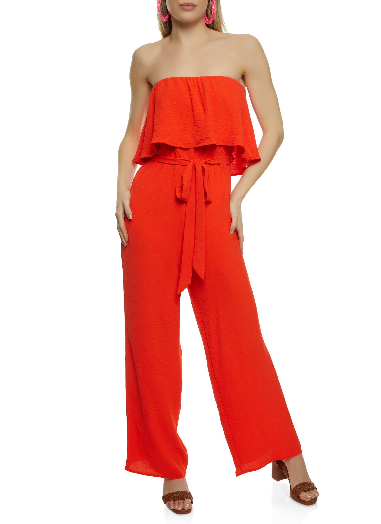 Ruffled Strapless Tie Waist Wide Leg Jumpsuit sold by Rainbow