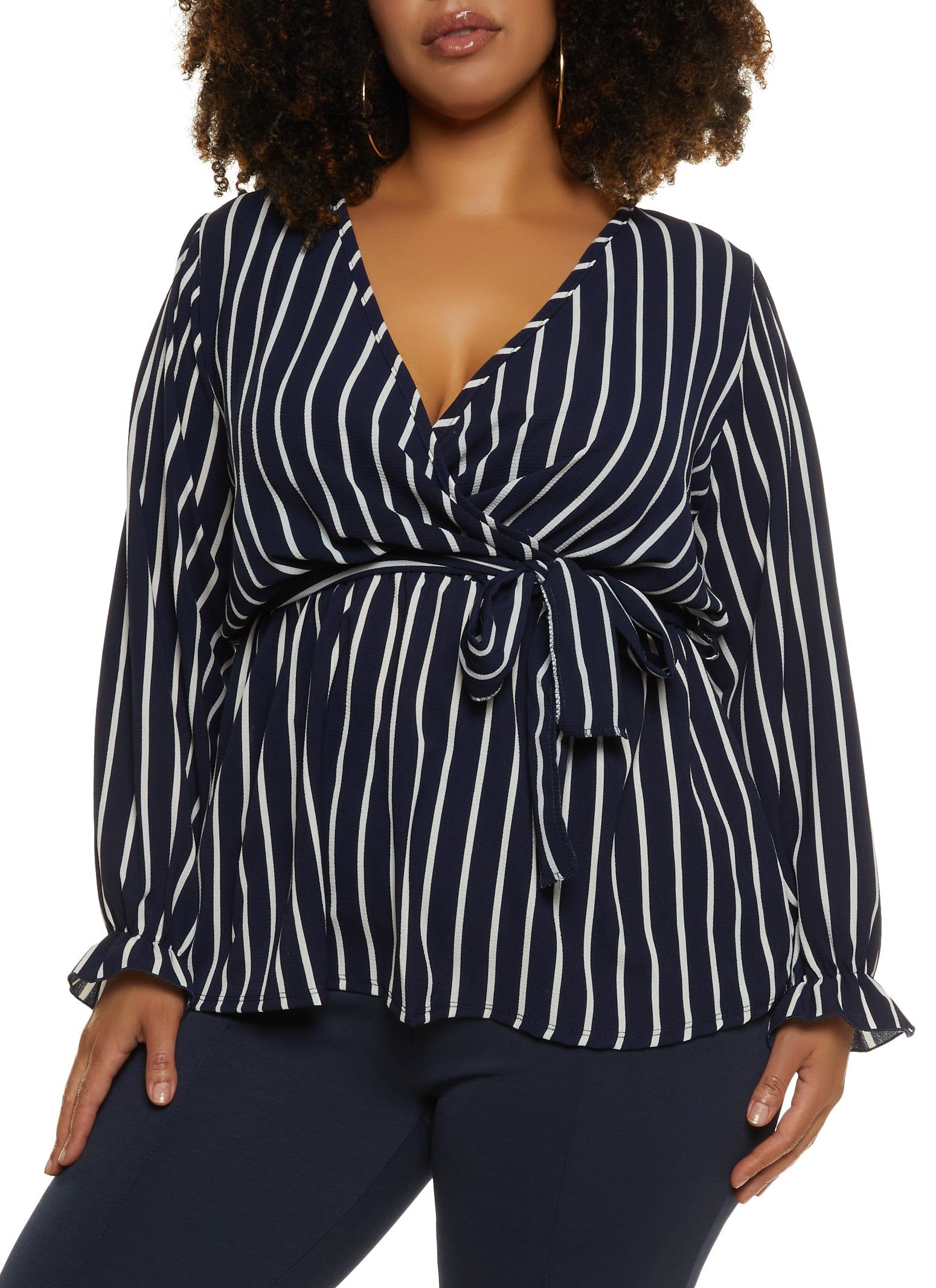 Plus Size Striped Tie Waist Belted Wrap Top sold by Rainbow