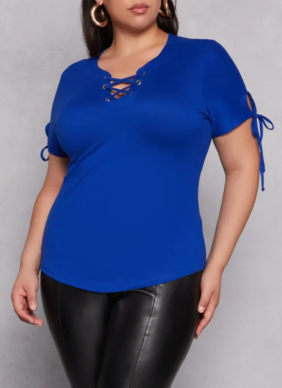 Plus Size Lace Up Notch Neck Tie Sleeve Tee sold by Rainbow