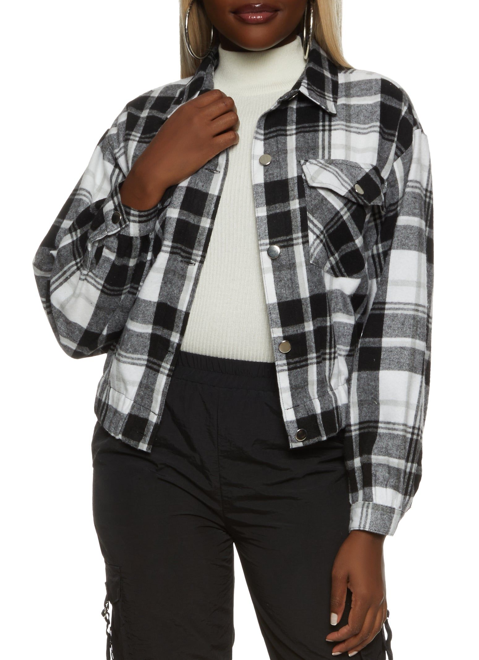 Plaid Button Front Pocket Detail Shacket sold by Rainbow