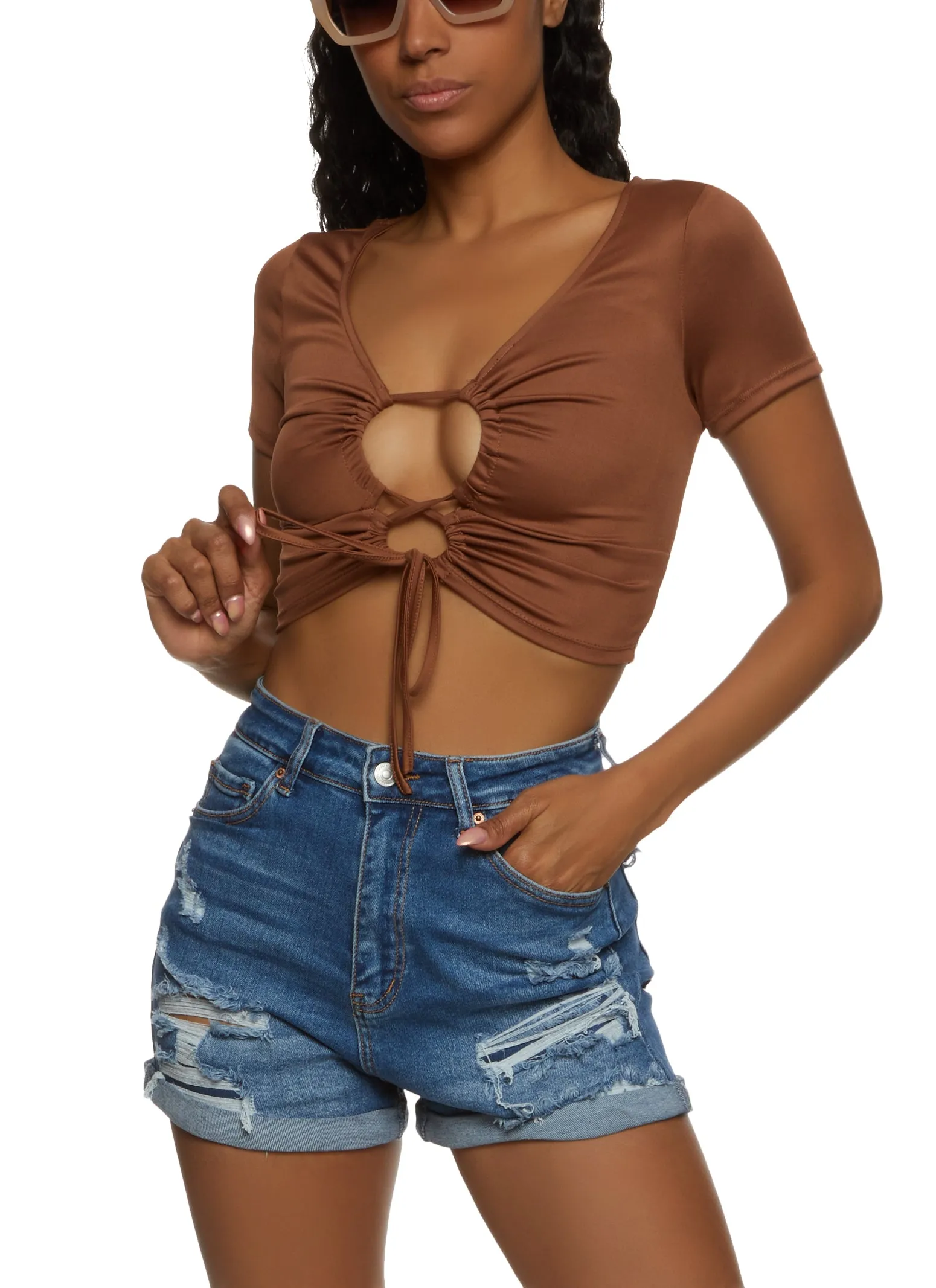 Cut Out Lace Up Front Crop Top sold by Rainbow