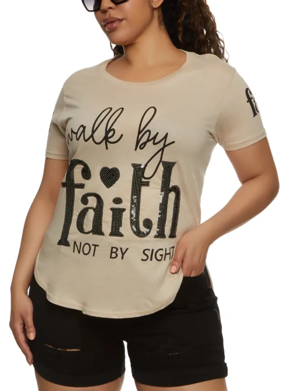 Plus Size Walk By Faith Not By Sight Sequin Graphic Tee sold by Rainbow