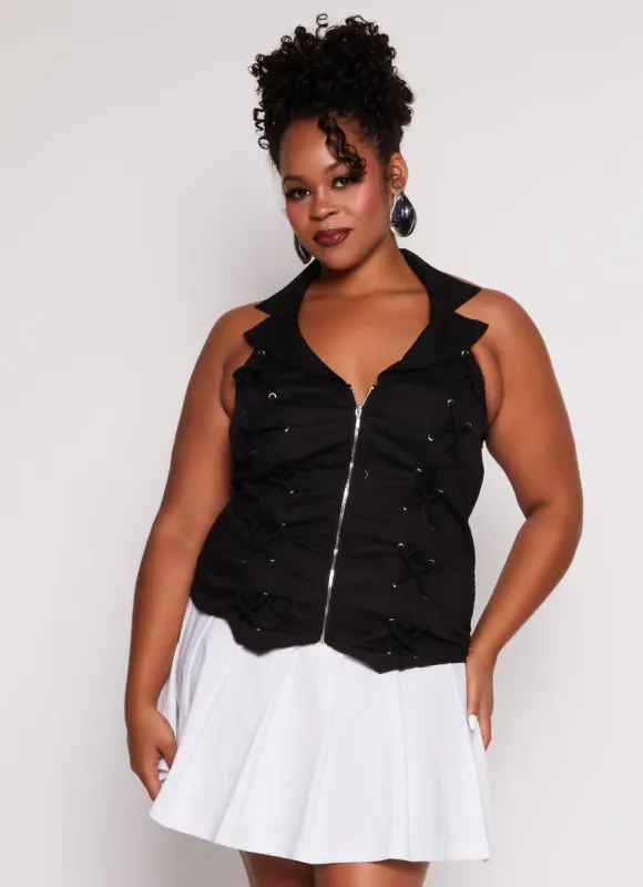 Plus Size Zip Front Lace Up Detail Halter Top sold by Rainbow