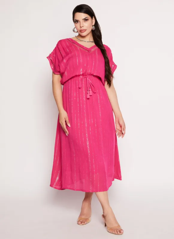 Plus Size Lurex Striped V Neck Drawstring Maxi Dress sold by Rainbow