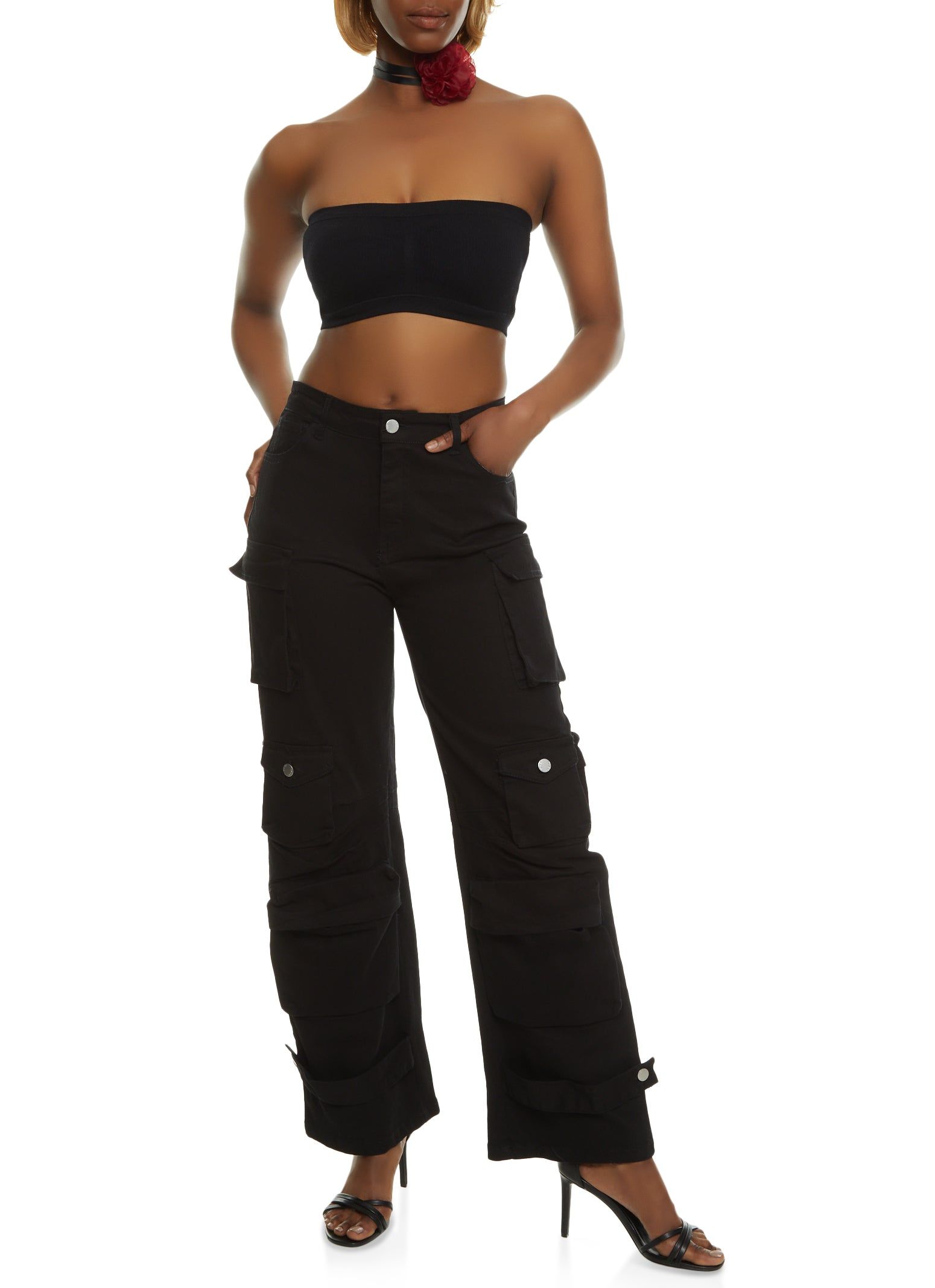 Twill Wide Leg Strap Cargo Pants sold by Rainbow