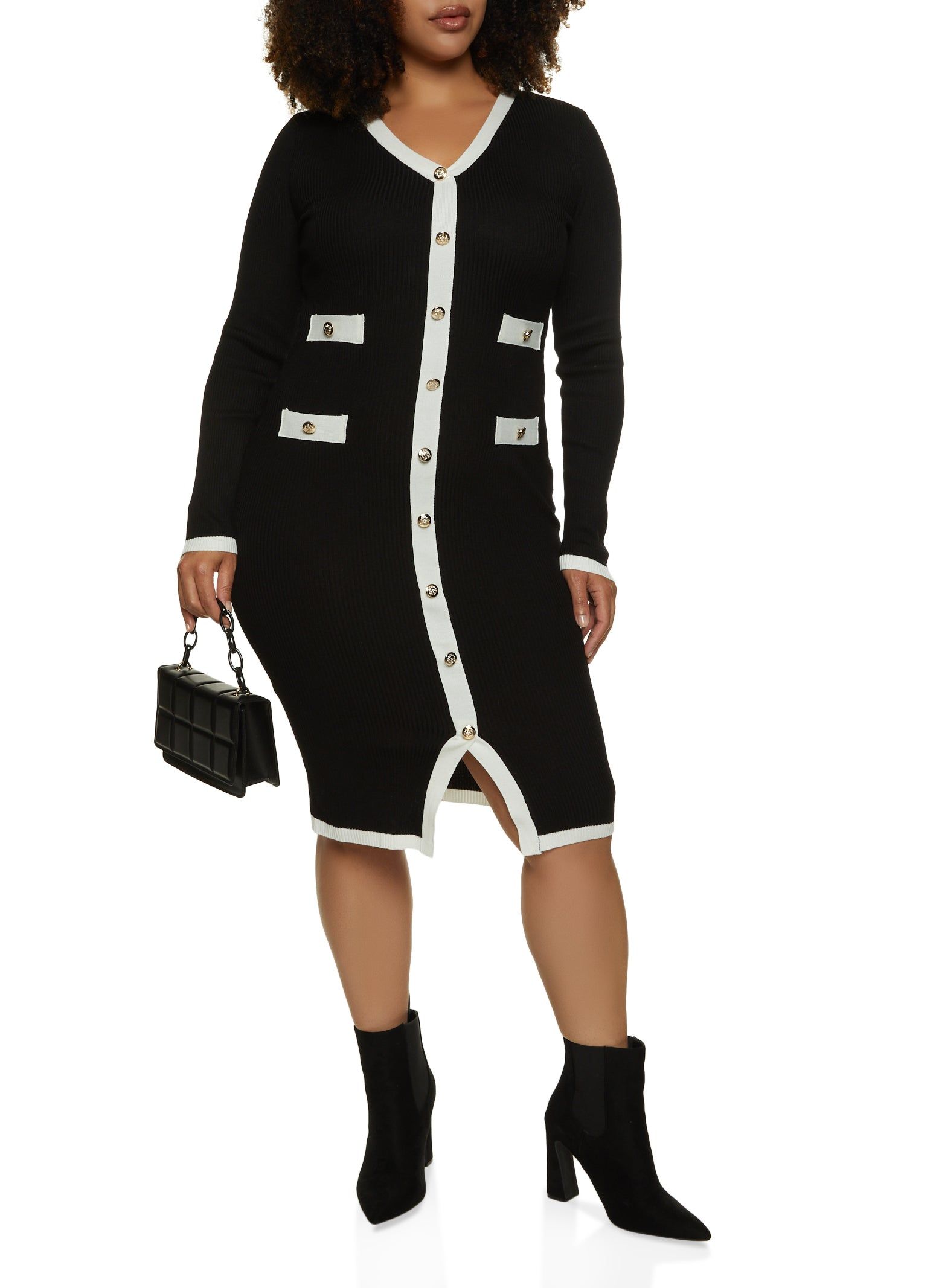 Plus Size Contrast Trim Faux Button Sweater Dress sold by Rainbow product image thumbnail 2