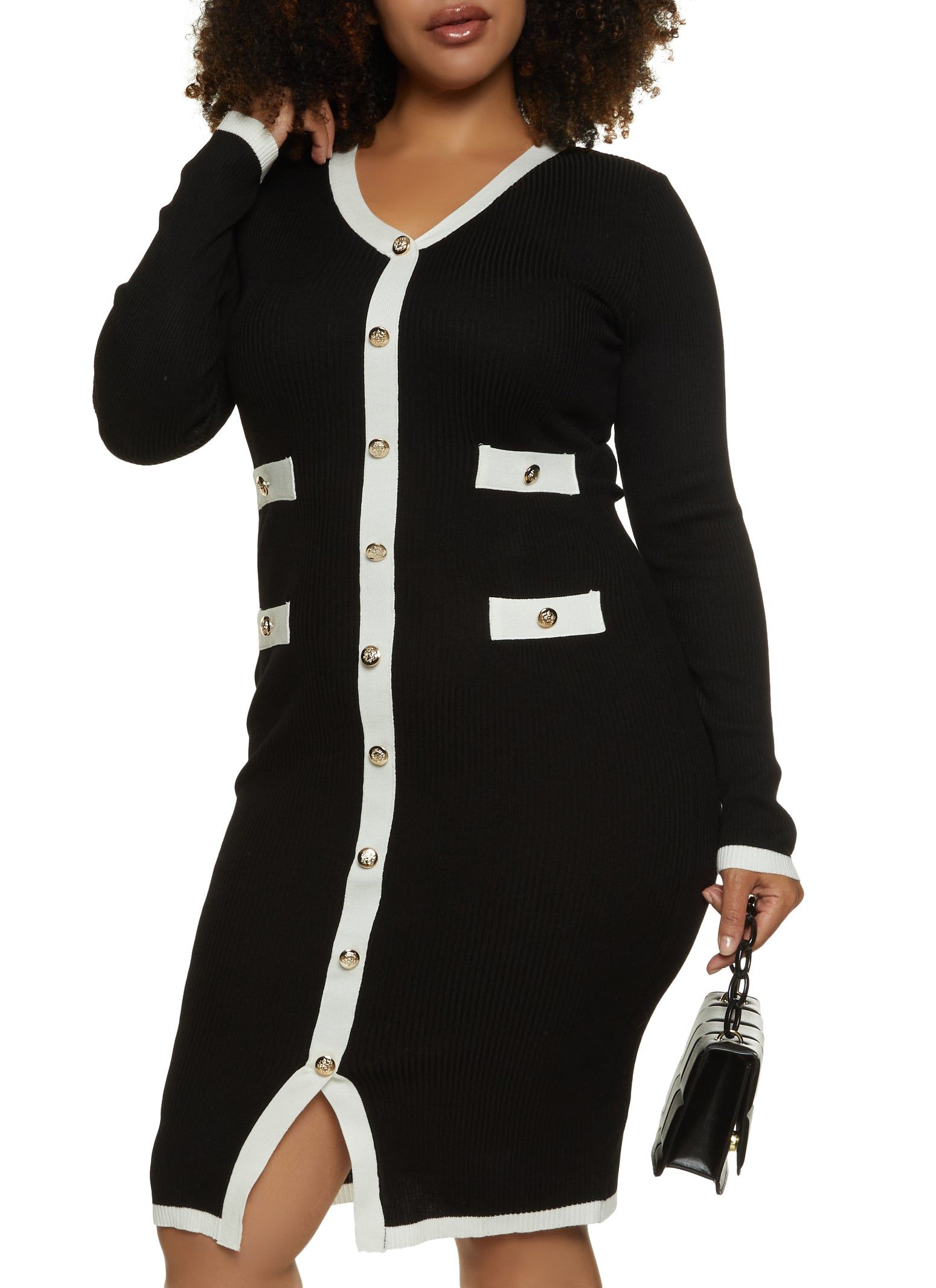 Plus Size Contrast Trim Faux Button Sweater Dress sold by Rainbow