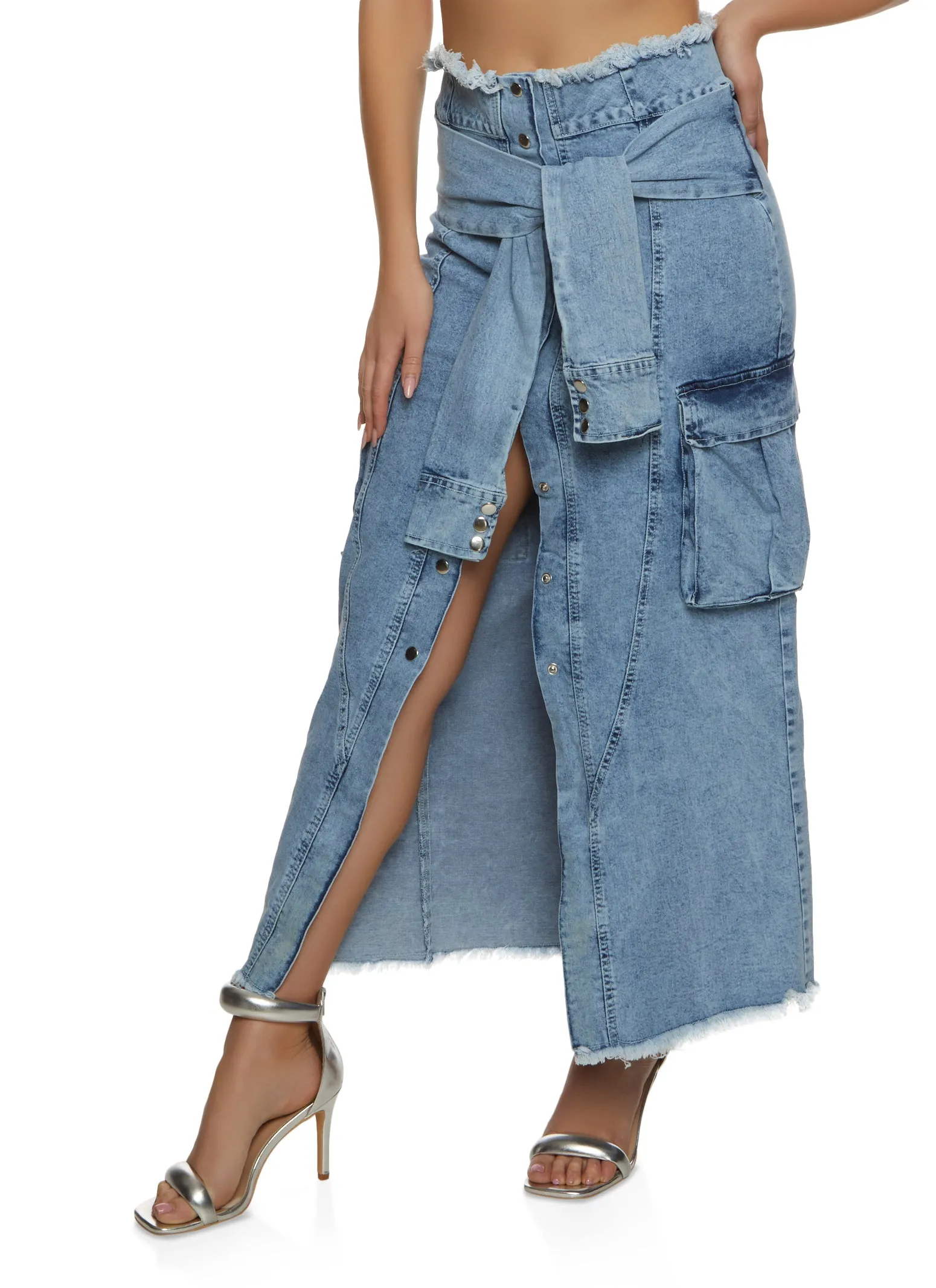 Denim Tie Waist Frayed Hem Denim Maxi Skirt sold by Rainbow